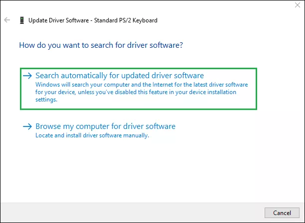 click search automatically for updated driver software