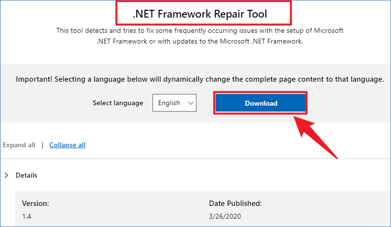 perform net framework repair tool