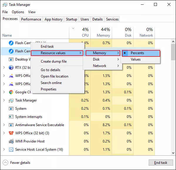 change the display from Value to Percentage