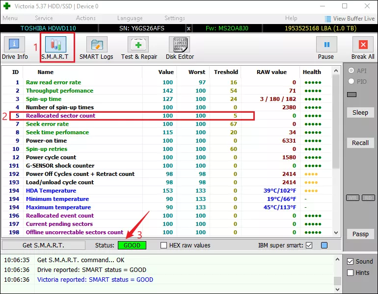 check reallocated sector count