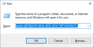 run shell:::{ED7BA470-8E54-465E-825C-99712043E01C} command in run dialog