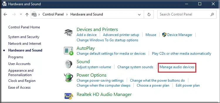 click manage audio devices