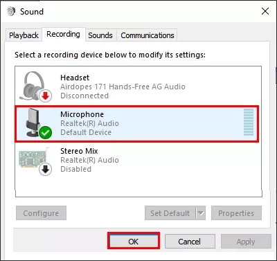 set microphone as the default device