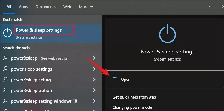 open sleep and power settings