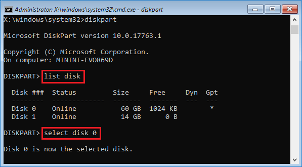 winpe select disk 0
