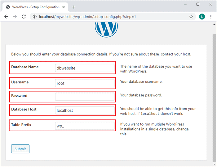 fill databass related info to wordpress